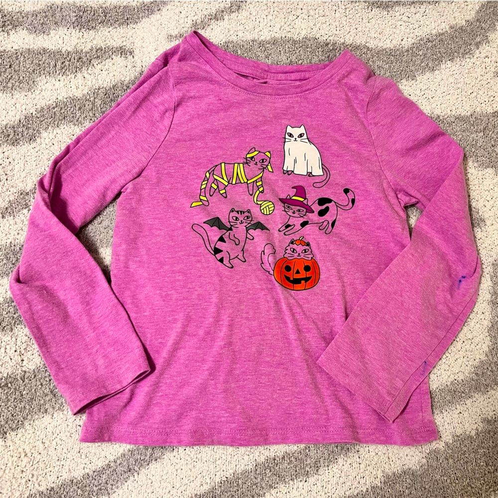 Cat&Jack Pink Girls Long Sleeve with Halloween Cat Print, Size XS(4/5), GUC